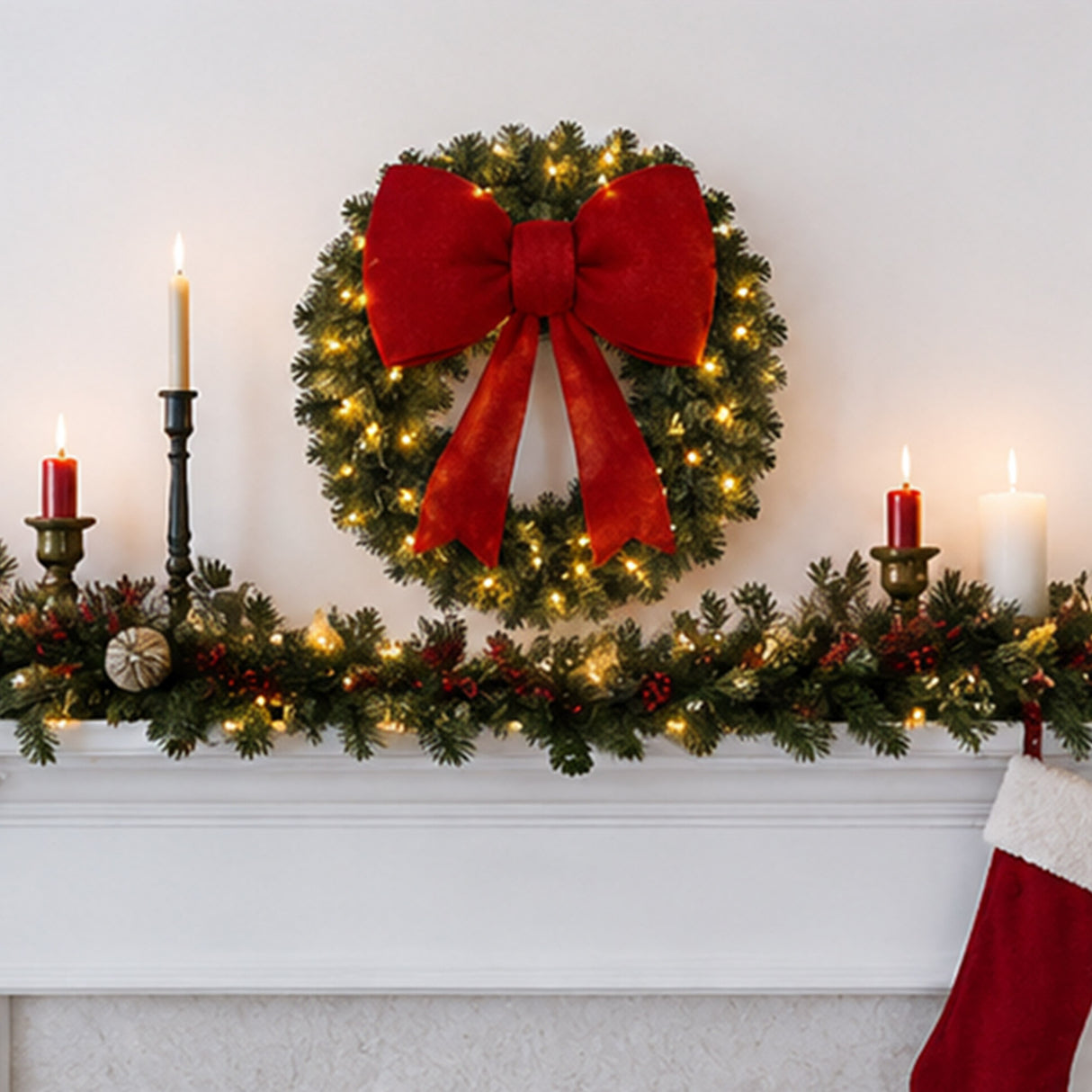 30" Lighted Christmas Garland with Red Bow Decor