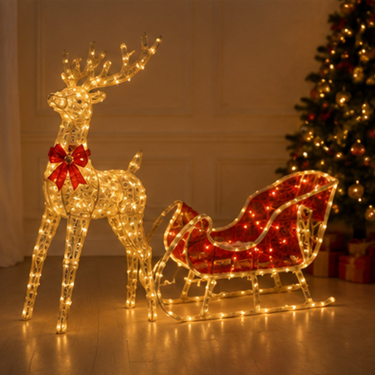 Lighted Reindeer Sleigh Christmas Yard Decoration