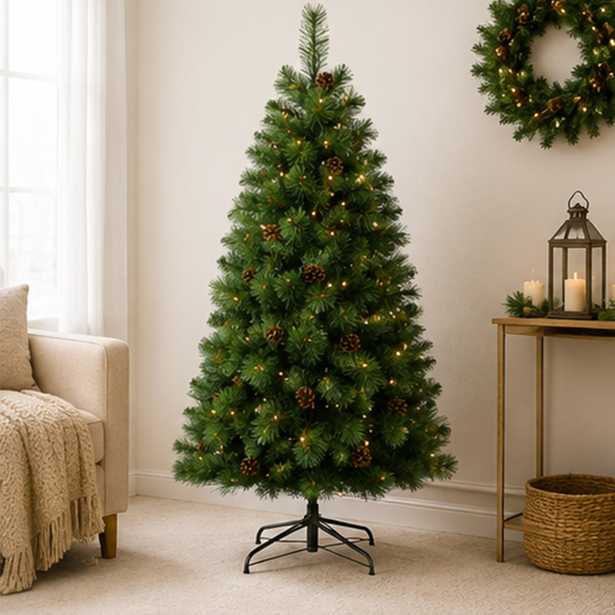 4.5FT Pre Lit Christmas Tree Dual Color LED Pinecones