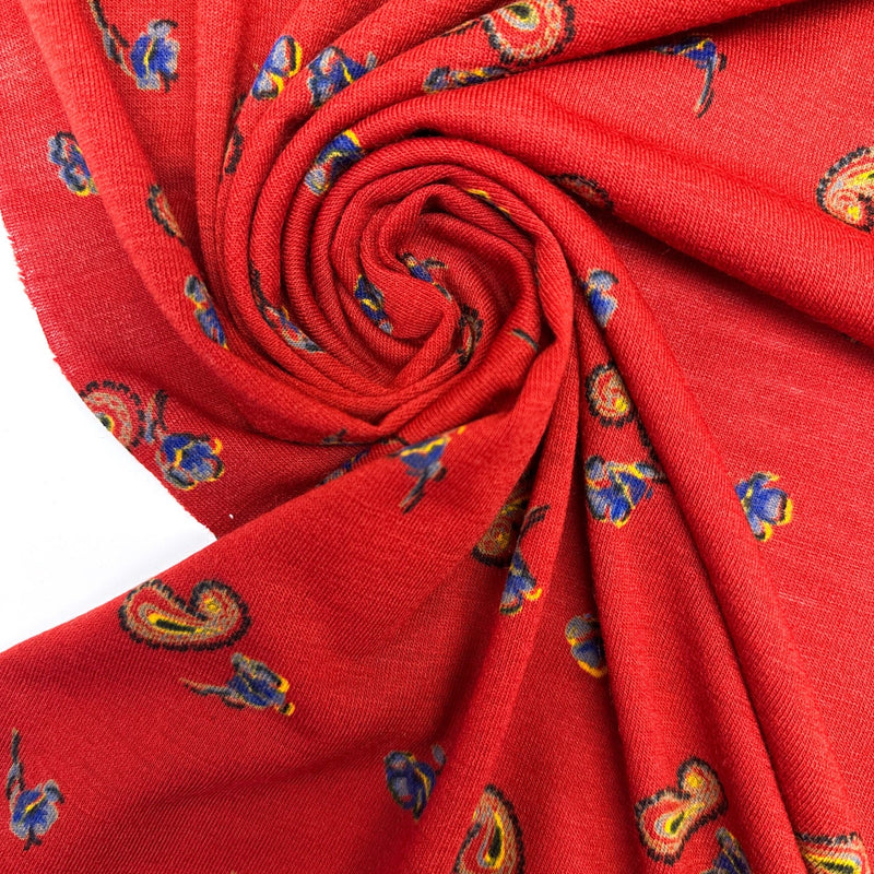 Acrylic Knitted Fabric Red Blue Paisley Floral
