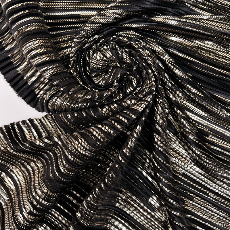 Polyester Elastane Plissé Fabric in Golden Black