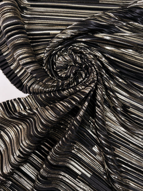 Polyester Elastane Plissé Fabric in Golden Black