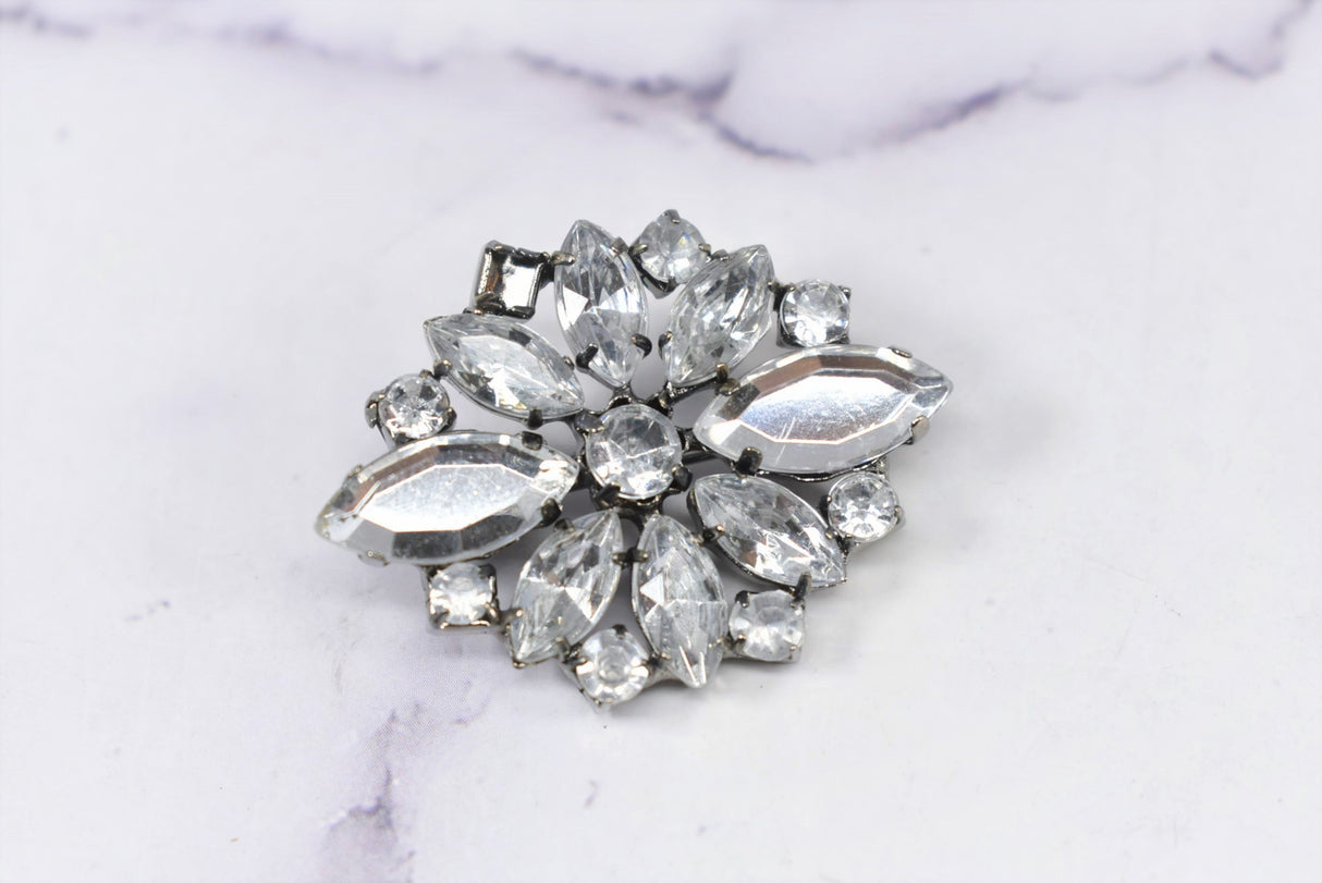 Rhinestone Brooch Applique Floral Silver