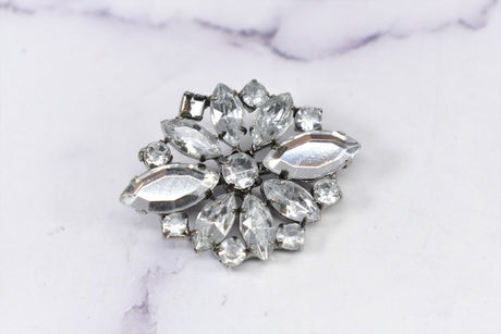 Rhinestone Brooch Applique Floral Silver