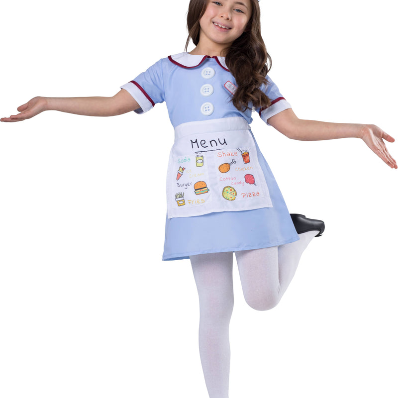 Kids 1950s retro diner waitress costume with dress apron and hat