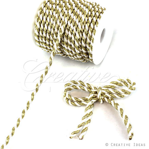 6Mm 2 Ply Twist Cords - 25 Yards (White/Gold)