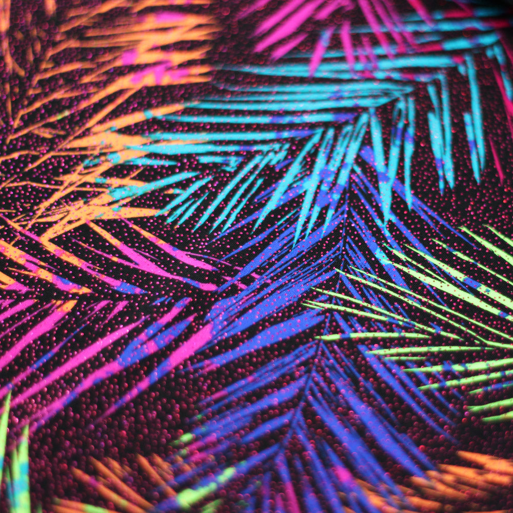 Electric Tropics Nylon Spandex Fabric - Tropical Palm Leaf Print, Multi, Orange-Red, Green-Blue, Pink-Purple, 58-60" Width (1 Yard)
