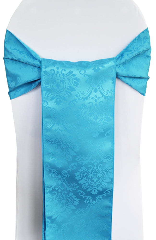 Marquis Damask Polyester Chair Sashes 7.5x108 Turquoise