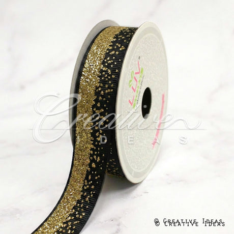 7/8" Glitter Sparkle Sands Grosgrain-10 Yds (Black/Gold)