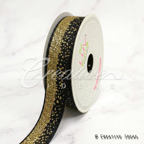 7/8" Glitter Sparkle Sands Grosgrain-10 Yds (Black/Gold)