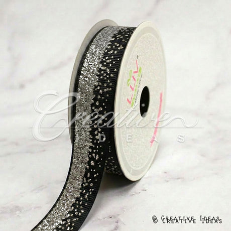 7/8" Glitter Sparkle Sands Grosgrain-10 Yds (Black/Silver)