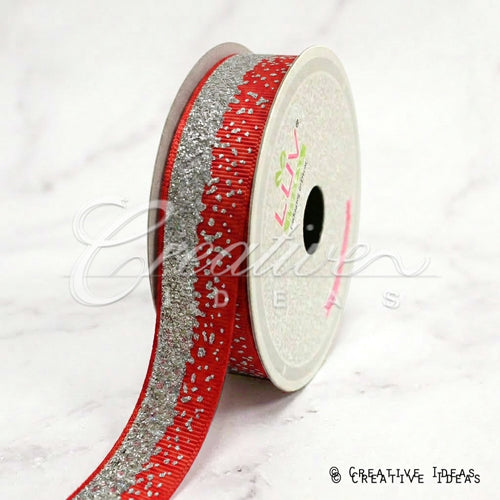 7/8" Glitter Sparkle Sands Grosgrain-10 Yds (Red/Silver)