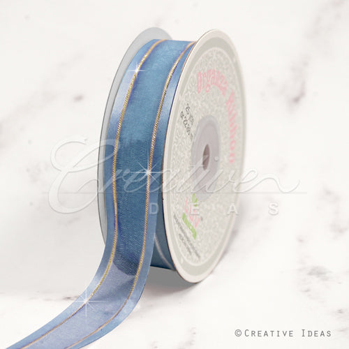 7/8" Organza With Satin And Gold Edge Ribbon - 25 Yards (Antique Blue)