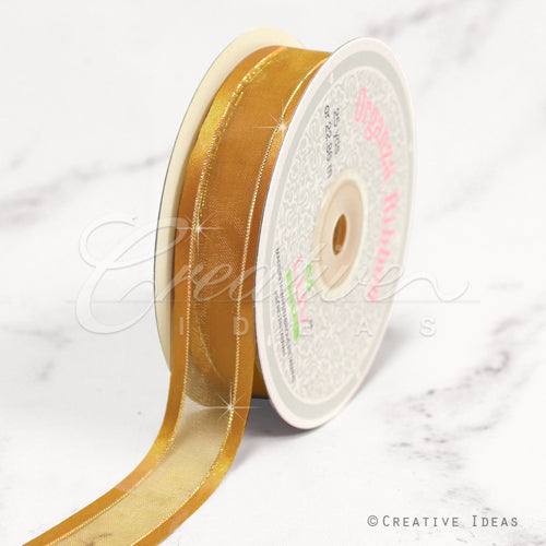 7/8" Organza With Satin And Gold Edge Ribbon - 25 Yards (Antique Gold)