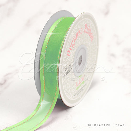 7/8" Organza With Satin And Gold Edge Ribbon - 25 Yards (Apple Green)