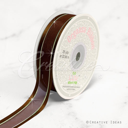 7/8" Organza With Satin And Gold Edge Ribbon - 25 Yards (Brown)