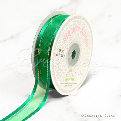 7/8" Organza With Satin And Gold Edge Ribbon - 25 Yards (Emerald Green)