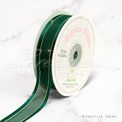 7/8" Organza With Satin And Gold Edge Ribbon - 25 Yards (Hunter Green)