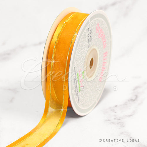 7/8" Organza With Satin And Gold Edge Ribbon - 25 Yards (Light Gold)