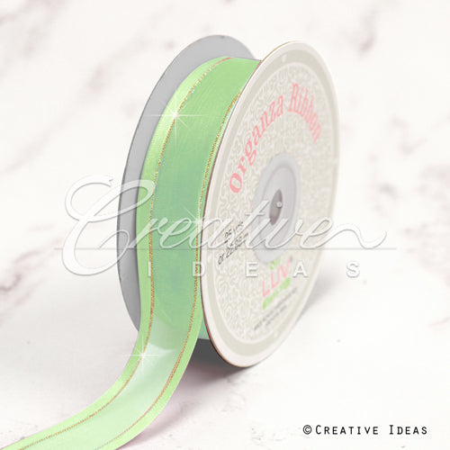 7/8" Organza With Satin And Gold Edge Ribbon - 25 Yards (Mint Green)