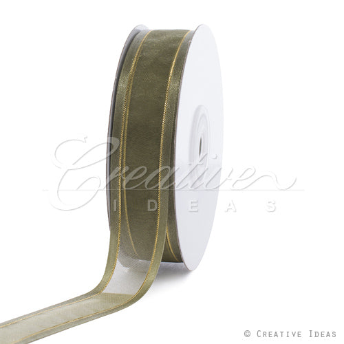 7/8" Organza With Satin And Gold Edge Ribbon - 25 Yards (Moss Green)