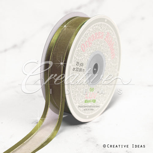 7/8" Organza With Satin And Gold Edge Ribbon - 25 Yards (Moss Green)