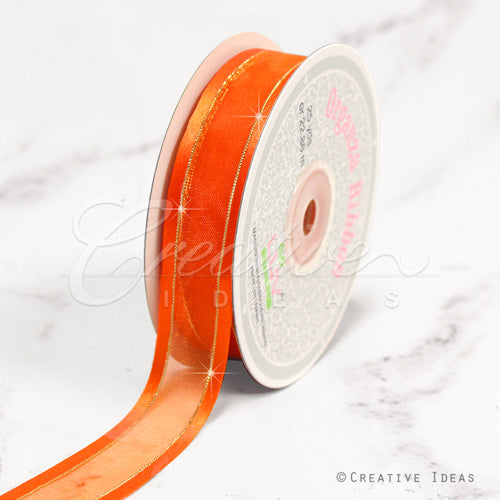 7/8" Organza With Satin And Gold Edge Ribbon - 25 Yards (Orange)