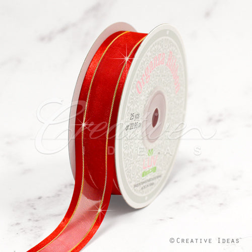 7/8" Organza With Satin And Gold Edge Ribbon - 25 Yards (Red)