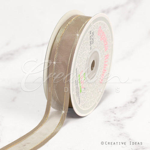 7/8" Organza With Satin And Gold Edge Ribbon - 25 Yards (Toffee)