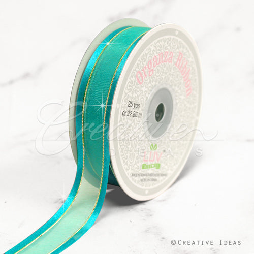 7/8" Organza With Satin And Gold Edge Ribbon - 25 Yards (Tropic Blue)