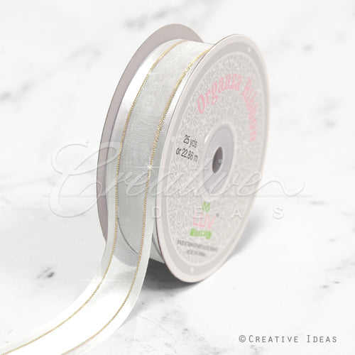 7/8" Organza With Satin And Gold Edge Ribbon - 25 Yards (White)