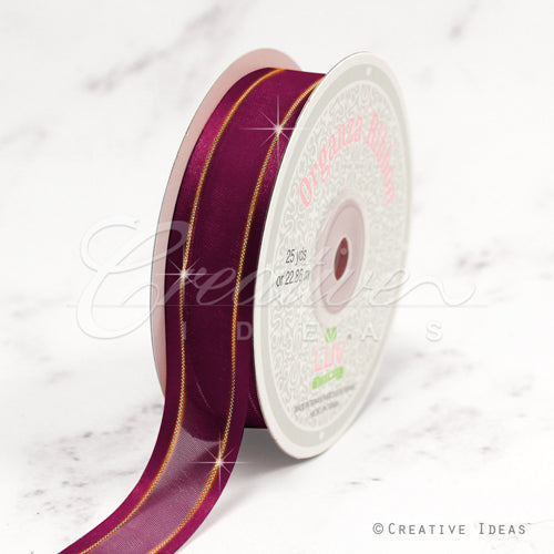 7/8" Organza With Satin And Gold Edge Ribbon - 25 Yards (Wine)