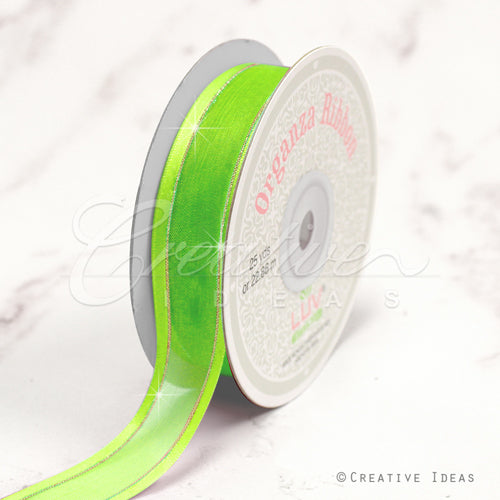 7/8" Organza With Satin & Silver Edge Ribbon - 25 Yards (Apple Green)