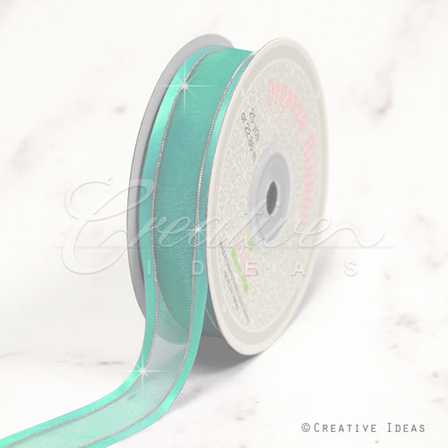7/8" Organza With Satin & Silver Edge Ribbon - 25 Yards (Aqua)