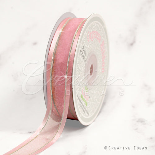 7/8" Organza With Satin & Silver Edge Ribbon - 25 Yards (Blush)