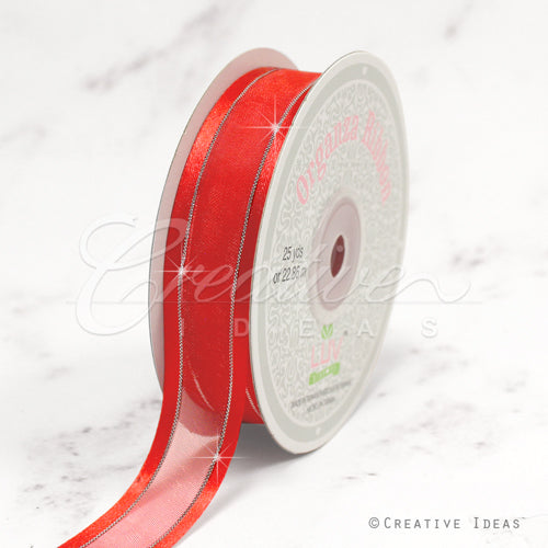 7/8" Organza With Satin & Silver Edge Ribbon - 25 Yards (Coral)