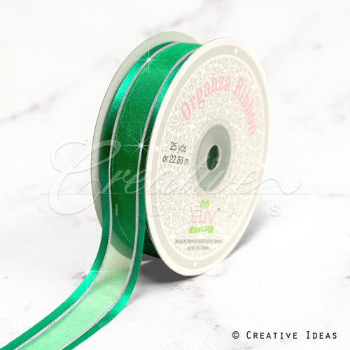 7/8" Organza With Satin & Silver Edge Ribbon - 25 Yards (Emerald Green)