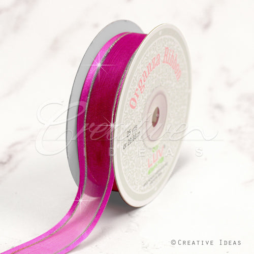 7/8" Organza With Satin & Silver Edge Ribbon - 25 Yards (Fuchsia)