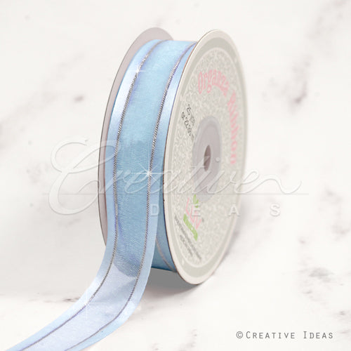 7/8" Organza With Satin & Silver Edge Ribbon - 25 Yards (Light Blue)