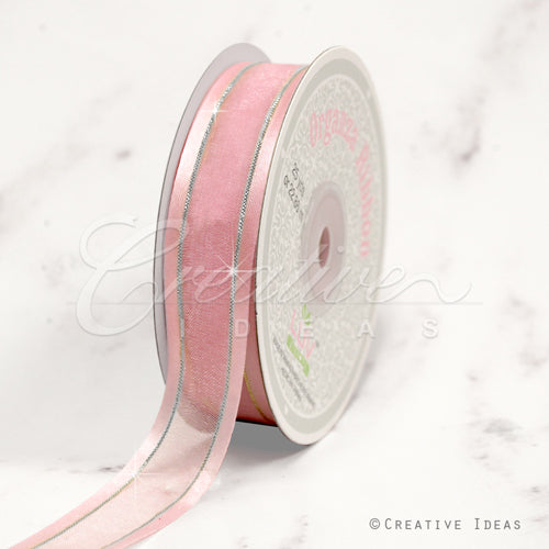 7/8" Organza With Satin & Silver Edge Ribbon - 25 Yards (Light Pink)