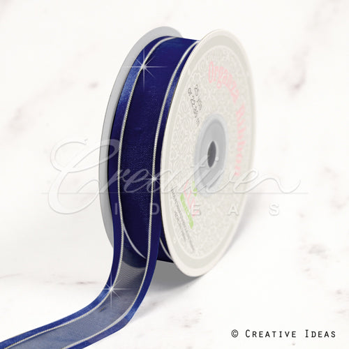 7/8" Organza With Satin & Silver Edge Ribbon - 25 Yards (Navy Blue)