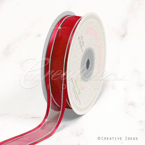 7/8" Organza With Satin & Silver Edge Ribbon - 25 Yards (Red)