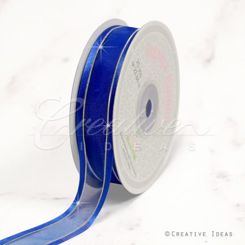 7/8" Organza With Satin & Silver Edge Ribbon - 25 Yards (Royal Blue)