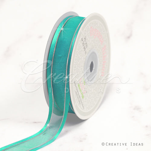 7/8" Organza With Satin & Silver Edge Ribbon - 25 Yards (Tropic Blue)