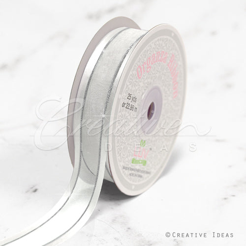 7/8" Organza With Satin & Silver Edge Ribbon - 25 Yards (White)