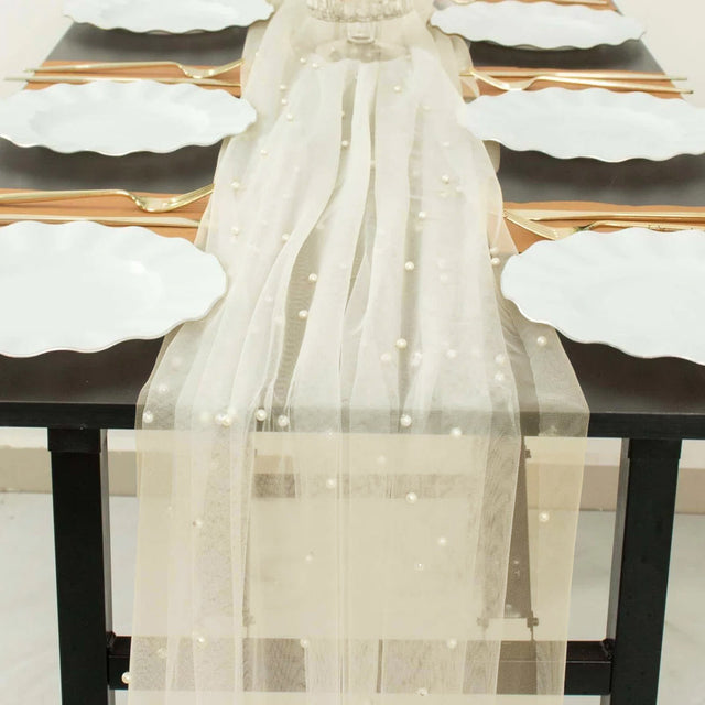 Pearl Sheer Tulle Table Runner 30x120 Ivory