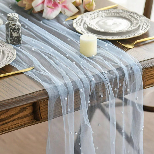 Pearl Sheer Tulle Table Runner 30x120 Dusty Blue