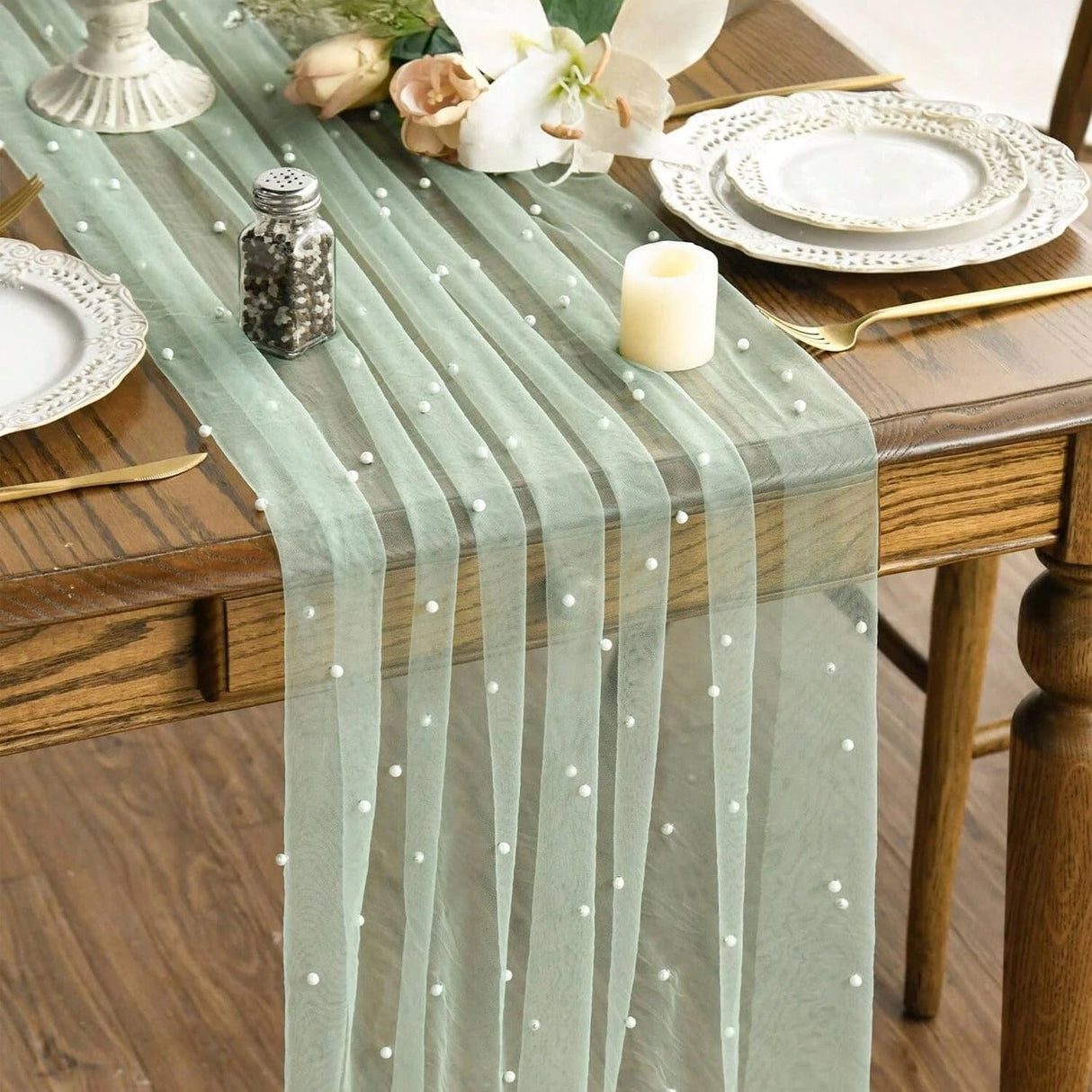 Sheer Tulle Table Runner 30x120 Sage Green