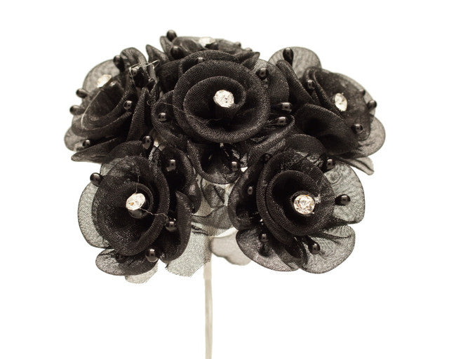 1.5" Black Organza Flowers with Rhinestone - Pack of 72