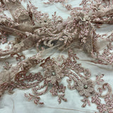 Beaded 3D Floral Lace Fabric - Embroidered 100 Percent Polyester Net Mesh, 3D Floral Beaded Design, 52" Wide (1 Yard)
